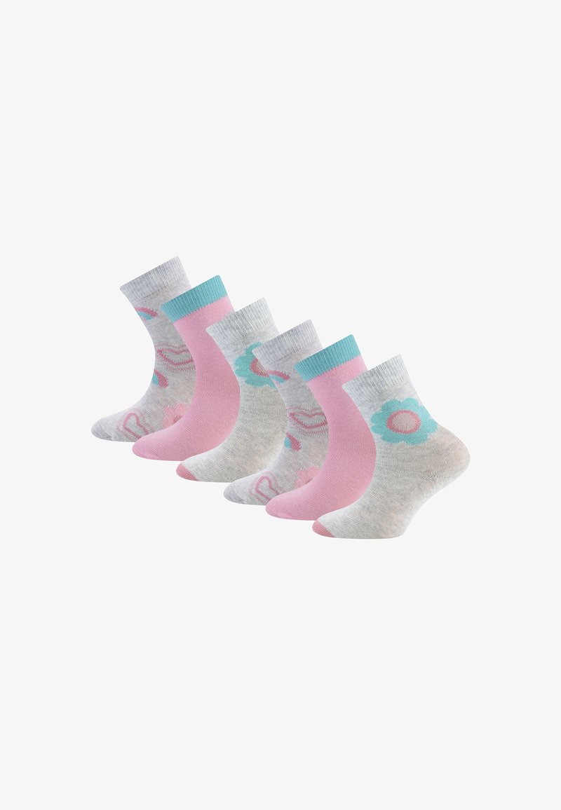 Fünf Paar Socken mit unterschiedlichen Designs: rosa, grau und gemustert mit Herzen und Blumen; gerippte Bündchen; aus Baumwollmischung.