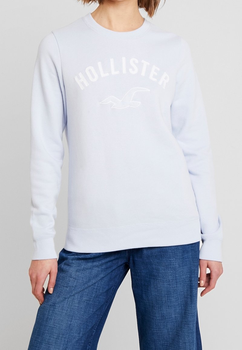 Ljusblå sweatshirt med ribbade ärmslut och nederkant. Har en vit broderad logotyp och en måsdesign på framsidan. Materialet verkar mjukt.