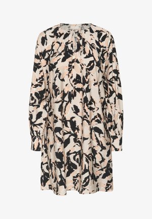 Šaty s kvetinovým vzorom a voľným strihom. Majú dlhé rukávy, nariasený výstrih a farby krémová, čierna a broskyňová. Mäkká textúra látky.