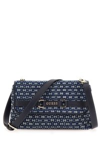 Tkaná modrá a námořnická kabelka s hladkým koženým popruhem, vybavená kovovou sponou v stříbrné barvě a výrazným logem "GUESS".