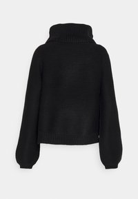 Schwarzer gestrickter Pullover mit hohem, geripptem Kragen, Ballonärmel und lockerer Passform. Strukturierter Stoff und gerippter Saum fügen Dimension hinzu.