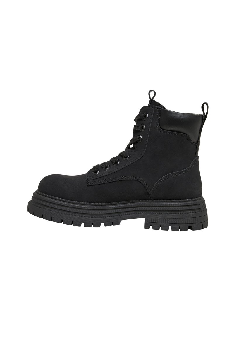 Bottes de combat noires dotées d'une tige en daim, d'un bout arrondi, d'une semelle en caoutchouc robuste et d'une cheville renforcée avec des lacets et une bride de traction pour un enfilage facile.