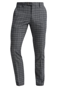 Grijze geruite broek met een slim fit, voorzien van een knoopsluiting en een gladde textuur. De patronen bevatten donkere en lichte grijze ruiten.
