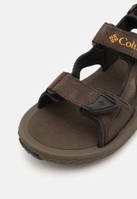 Sandale en daim marron avec des sangles ajustables, semelle en caoutchouc et semelle intérieure texturée. Présente une sangle sombre et un logo de marque sur le côté.