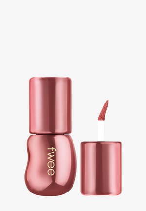 Flacon de gloss à lèvres doré rose brillant avec bouchon assorti et applicateur montrant une couleur de lèvres rose texturée.