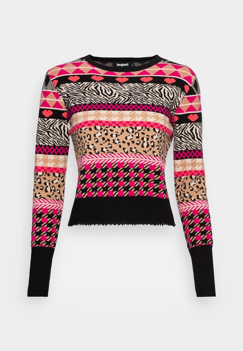 Sweter dzianinowy z długimi rękawami, wielokolorowe wzory, w tym leopard, zebra, serca i kształty geometryczne, z czarnym wykończeniem i mankietami.