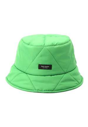 Bright green quilted bucket hat with stitched panels and a black "kate spade new york" label on the front center.