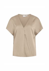 Beige V-ringad blus med korta ärmar, avslappnad passform och subtil veck framtill. Tillverkad av ett mjukt tyg med len textur.