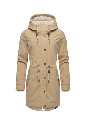 Beige parka met een fuzzy interieur, verstelbare capuchon, trekkoorden, drukknoopsluiting, voorzakken en ribgebreide manchetten voor extra warmte.