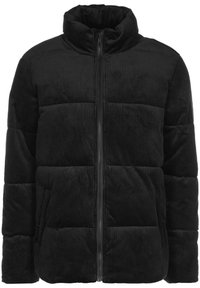 Chaqueta de puffer de pana negra con cuello alto, relleno acolchado, cremallera frontal y bolsillos laterales. Diseño texturizado, cálido y estructurado.