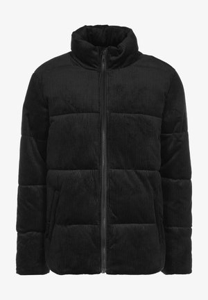 Melnas korduroja pūkainā jaka ar augstu apkakli, quilted oderi, priekšējo rāvējslēdzēju un sānu kabatām. Teksturēts, silts un strukturēts dizains.
