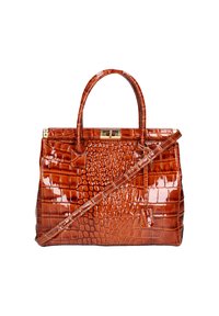 Krokodillenpatroon handtas in glanzend gebrandoranje leer, voorzien van dubbele handgrepen, een afneembare schouderband en goudkleurige hardware accenten.
