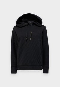 Felpa nera con cappuccio, caratterizzata da una texture trapuntata, chiusura con lacci e dettagli dorati, polsini e orlo a costine. Design semplice, senza motivi.