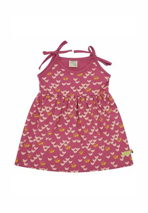 Rosa Baumwollkleid mit weißem und gelbem Boots-Muster. Verfügt über verstellbare Träger und einen gerafften Rock. Label an der Saumkante.