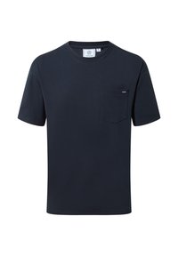 Navy blue short-sleeve t-shirt made of cotton, featuring a chest pocket and a classic crew neckline. Soft texture, relaxed fit.