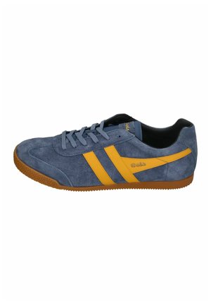 Blue suede sneaker with yellow stripes and gum sole, featuring "Gola" branding on the side.