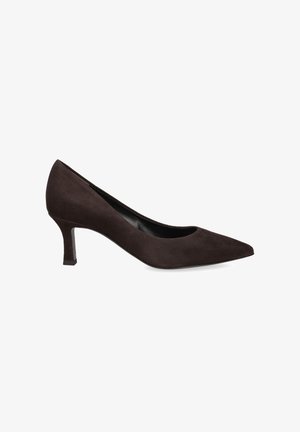 Brown suede high heel pump with a pointed toe and a slender heel. Smooth texture with a classic silhouette, featuring a black interior.