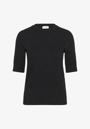 Top de punto negro de manga corta con textura acanalada y cuello redondo. Presenta una silueta ajustada y sutiles detalles de costura.