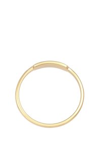 Guldring med en glat, poleret overflade. Rund form, minimalistisk design, med en subtil åbning for et åbent udseende. Ingen yderligere mønstre eller detaljer.