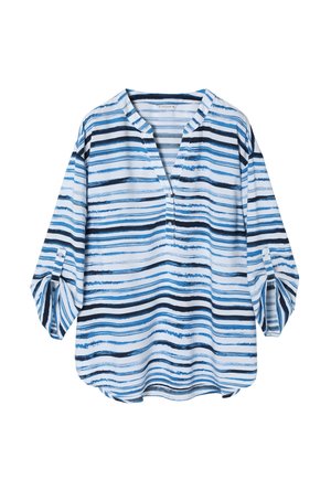 Camicia a righe blu e bianche con scollo a V, maniche lunghe e dettagli con bottoni. Tessuto morbido con diversi motivi a righe orizzontali.