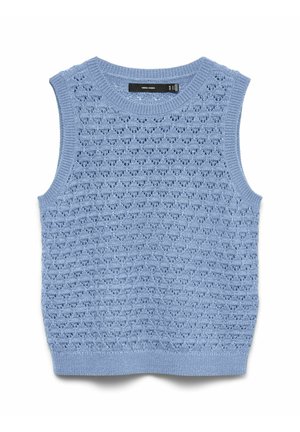 Veste sans manches tricotée bleu clair avec un motif en losanges texturé et un col, des emmanchures et un ourlet côtelés.