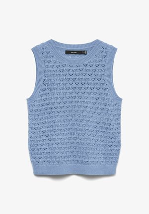 Hele sinine varrukateta kootud vest tekstuurse teemantmustriga, ribadega kaeluses, käeavades ja alläärtes.