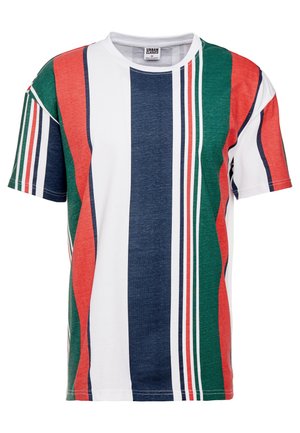 T-shirt a maniche corte con righe alternate in rosso, verde, blu e bianco. Tessuto in cotone, colletto a girocollo e vestibilità comoda.