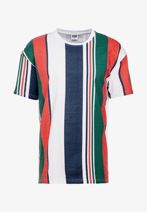 Trumpas rankovės marškinėliai su kaitaliojančiomis raudonomis, žaliomis, mėlynomis ir baltomis juostelėmis. Pagaminti iš medvilnės, su apvaliu iškirpimu ir laisvu siluetu.