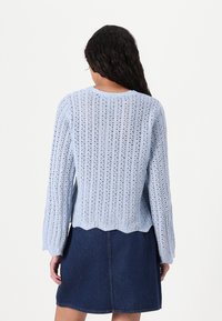 Maglione azzurro chiaro lavorato a maglia con orlo a scallop, caratterizzato da un motivo a trama aperta e maniche lunghe. Design informale.