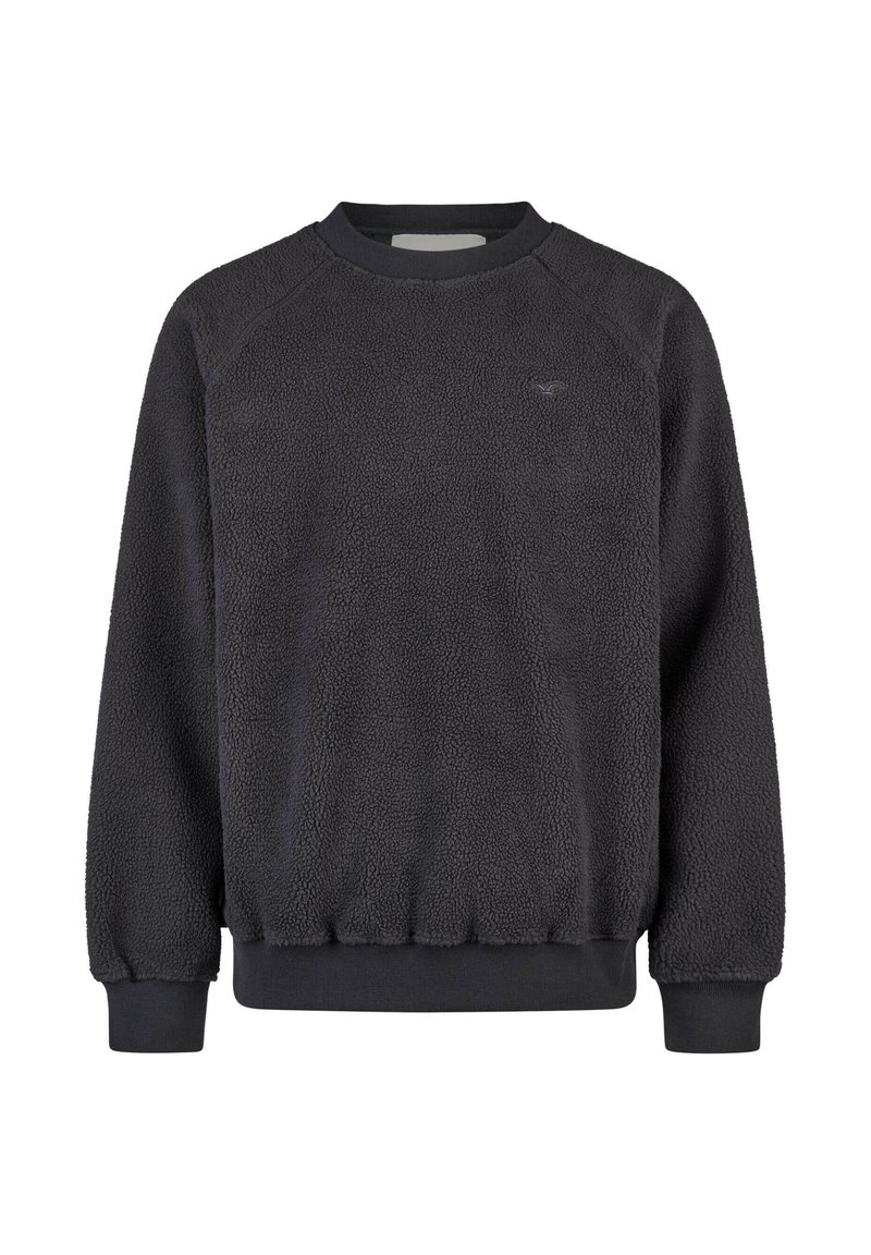 Dunkelgrauer Fleece-Sweatshirt mit strukturiertem Oberflächen, gerippten Bündchen und Saum; verfügt über ein einfaches Logo auf der Brust.