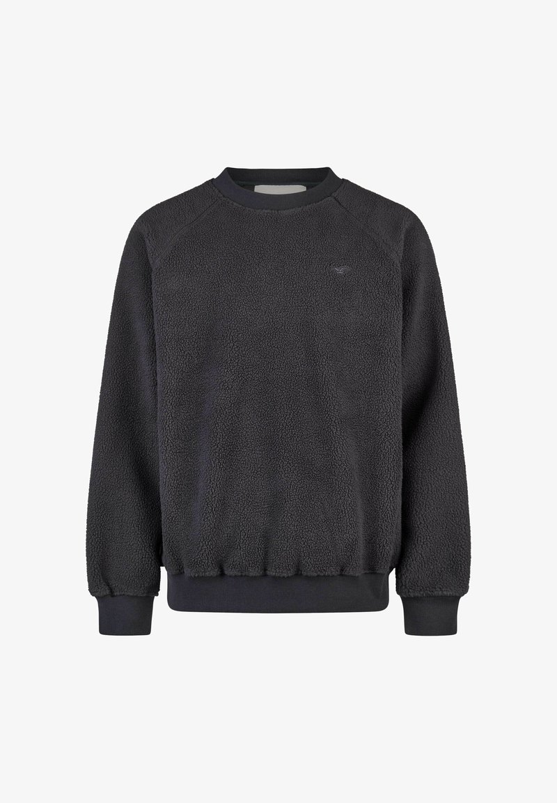 Dunkelgrauer Fleece-Sweatshirt mit strukturiertem Oberflächen, gerippten Bündchen und Saum; verfügt über ein einfaches Logo auf der Brust.