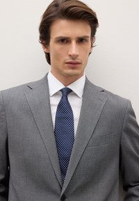 Hellgrauer, maßgeschneiderter Anzugsblazer mit Kerbkragen. Weißes Hemd, marineblaue Krawatte mit weißen Punkten. Glatte Stofftextur.