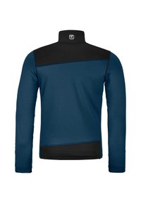 Langärmliger Pullover in Dunkelblau mit einem schwarzen Schulterpanel. Verfügt über einen hohen Kragen und ein glattes Stretchmaterial für optimalen Komfort.