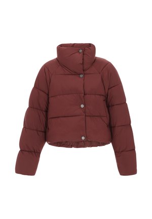 Giacca puffa corta color marrone scuro con colletto alto e bottoni a pressione, design trapuntato e maniche lunghe.