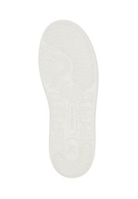 Semelle de chaussure blanche présentant des motifs texturés, des rainures et un détail de design circulaire. Le matériau semble être en caoutchouc avec une finition lisse.