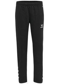 Pantaloni sportivi neri realizzati in tessuto morbido, dotati di una vita elastica e di un logo bianco sulla parte frontale, con dettagli a strisce bianche sul orlo.
