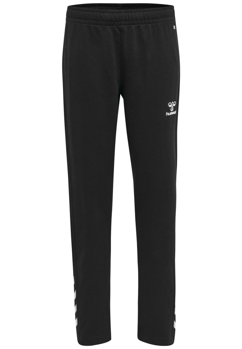 Pantaloni sportivi neri realizzati in tessuto morbido, dotati di una vita elastica e di un logo bianco sulla parte frontale, con dettagli a strisce bianche sul orlo.