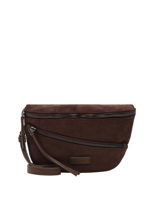 Borsa a tracolla in camoscio marrone scuro con due tasche diagonali con cerniera e tracolla sottile regolabile.