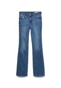 Blå denim vide jeans med middels høyde på livet, to frontlommer og en sydd midjebånd. Myk tekstur og tradisjonell fem-lommers design.