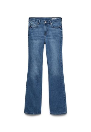 Blue denim flared jeans with a mid-rise waist, two front pockets, and a stitched waistband. Soft texture and traditional five-pocket design.