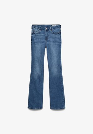 Jean en denim bleu évasés avec une taille mi-haute, deux poches avant et une ceinture cousue. Texture douce et design traditionnel à cinq poches.