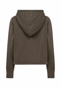 Felpa corta marrone con cappuccio regolabile, maniche lunghe e polsini a coste. Realizzata in tessuto morbido con una superficie liscia.