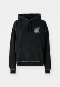 Svart hettegenser med frontlomme, snorhette og et sirkulært hvitt logo som har «SANTA CRUZ». Myk, børstet tekstur.