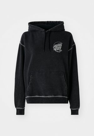 Svart hettegenser med frontlomme, snorhette og et sirkulært hvitt logo som har «SANTA CRUZ». Myk, børstet tekstur.