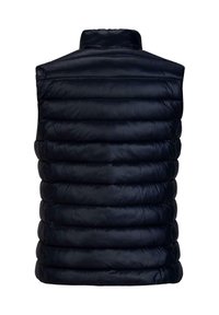 Marineblaue Steppweste mit hohem Kragen, gestepptem Design mit horizontalen Paneelen und einer glatten, glänzenden Oberfläche. Keine sichtbaren Beschläge oder Akzente.