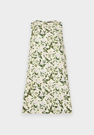 Květinové šaty s krémovým pozadím, na kterém jsou zelené listy a světle fialové květiny. Bez rukávů, A-line silueta a jemná textura materiálu.