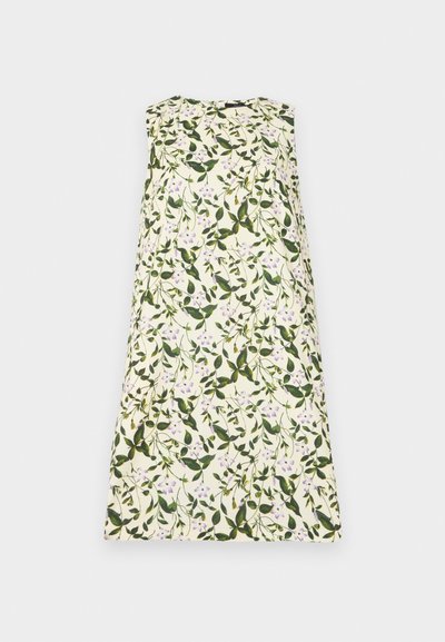 Kwiatowa sukienka z kremowym tłem, zielonymi liśćmi i jasnopurpurowymi kwiatami. Bez rękawów, w kształcie litery A, o miękkiej teksturze tkaniny.