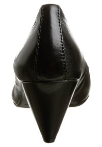 Black leather high heel shoe with a pointed toe. The heel is cone-shaped with a smooth texture and visible stitching detail.