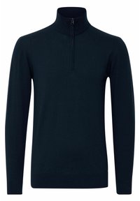 Granatowy sweter typu pulower na zamek ćwierć, wykonany z gładkiego materiału. Posiada długie rękawy i prążkowany kołnierz. Prosty design bez wzorów i akcentów.