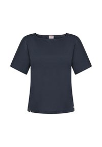 Blusa corta a maniche corte di un blu navy scuro con scollatura rotonda e piccole fessure laterali all'orlo, esposta su uno sfondo bianco.